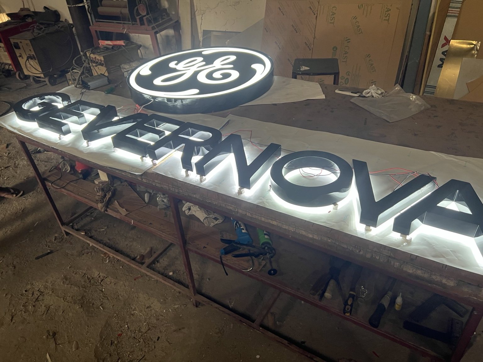 GE Vernova illuminated letters under test